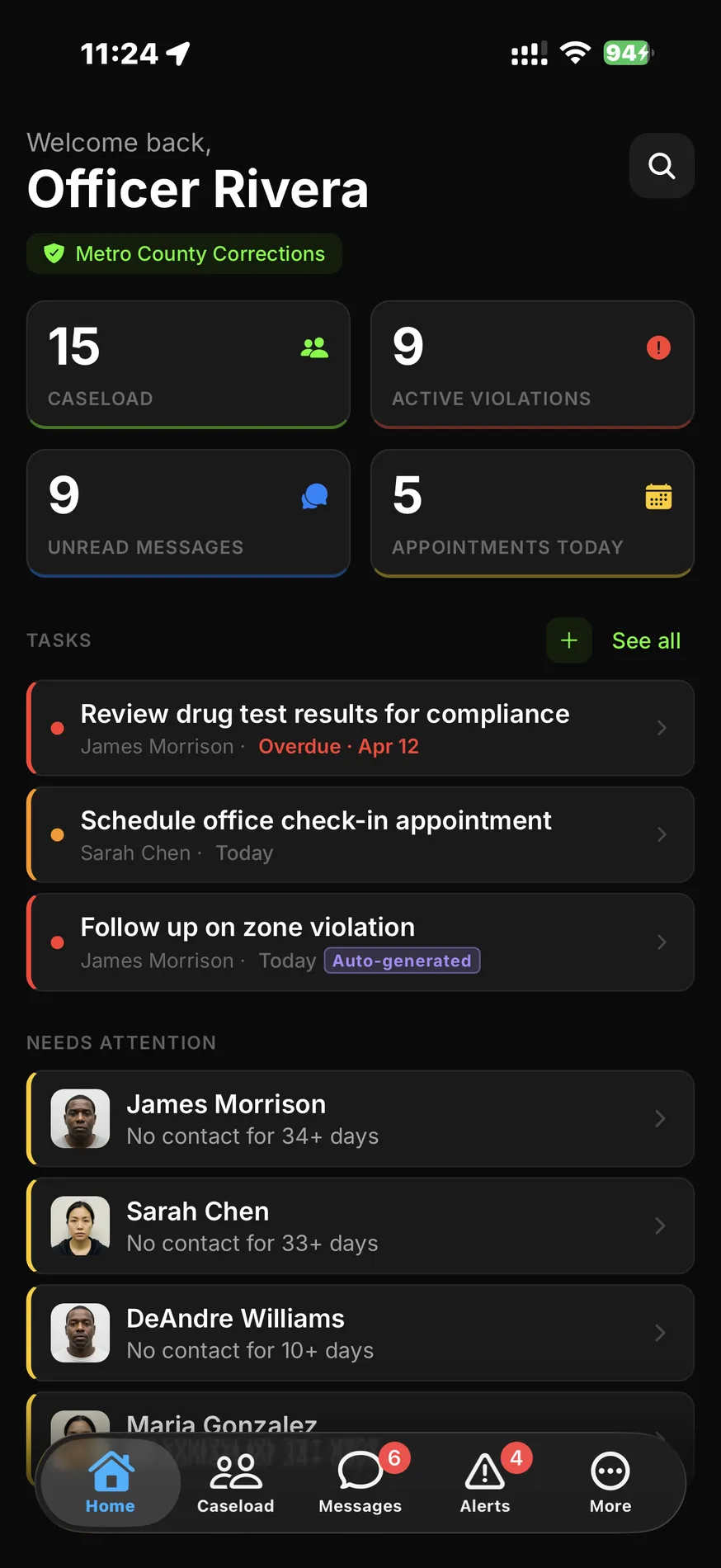 Shadowtrack Officer app home screen for Officer Rivera