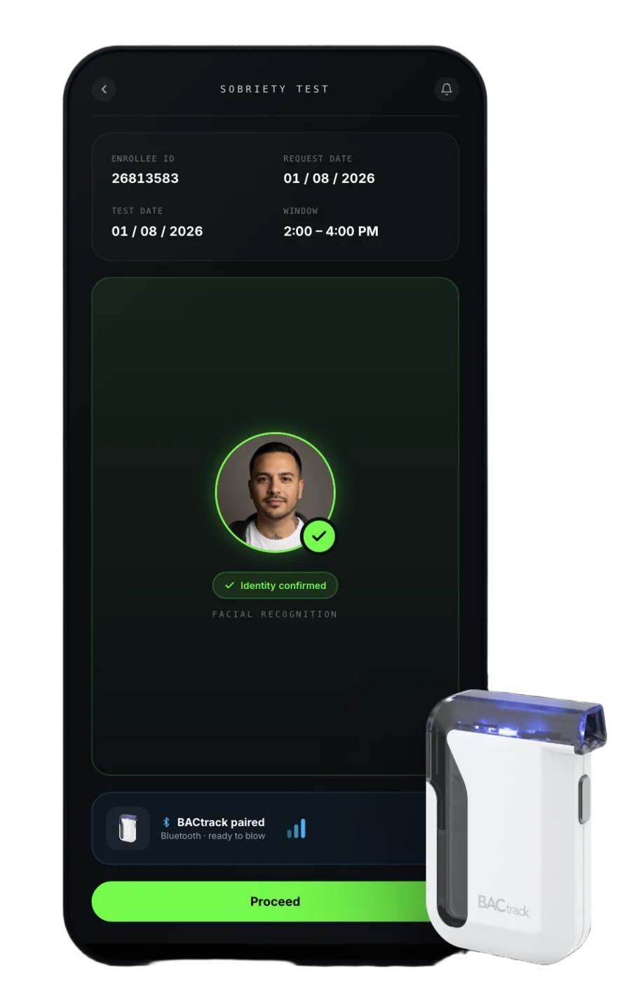 SecureCheck sobriety test screen showing facial-recognition identity check and a paired BACtrack breathalyzer